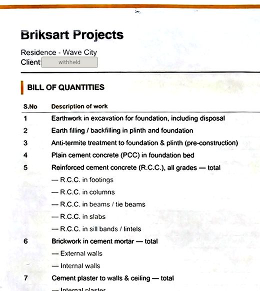 A Briksart bill of quantities, with the client name and date withheld.