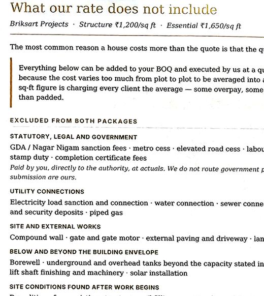 The Briksart exclusions list, setting out what the per-square-foot rate does not cover.