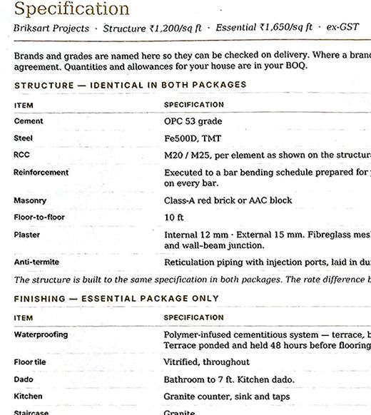 The Briksart specification sheet naming brands and grades for both packages.